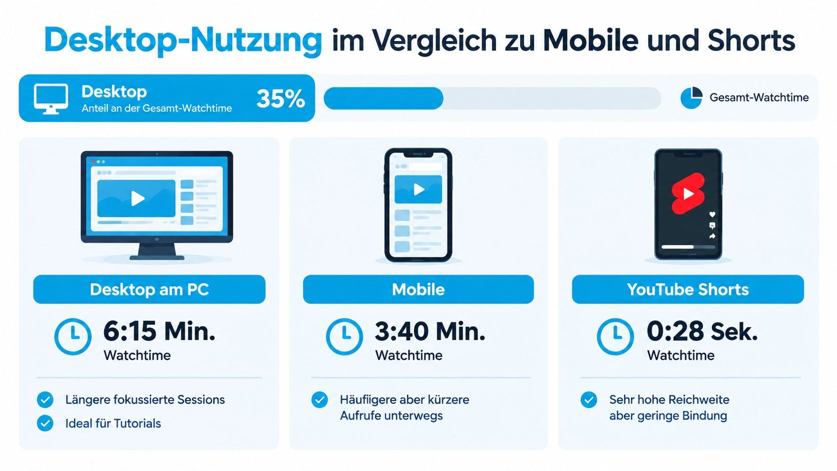 Eine Infografik, die die durchschnittliche Watchtime pro Sitzung auf Desktop, Mobilgeräten und YouTube Shorts vergleicht.